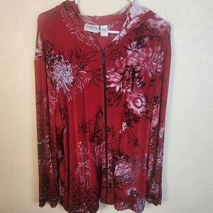 Chico's Travelers Red Abstract Floral Hooded Jacket Vintage XL (5622)
